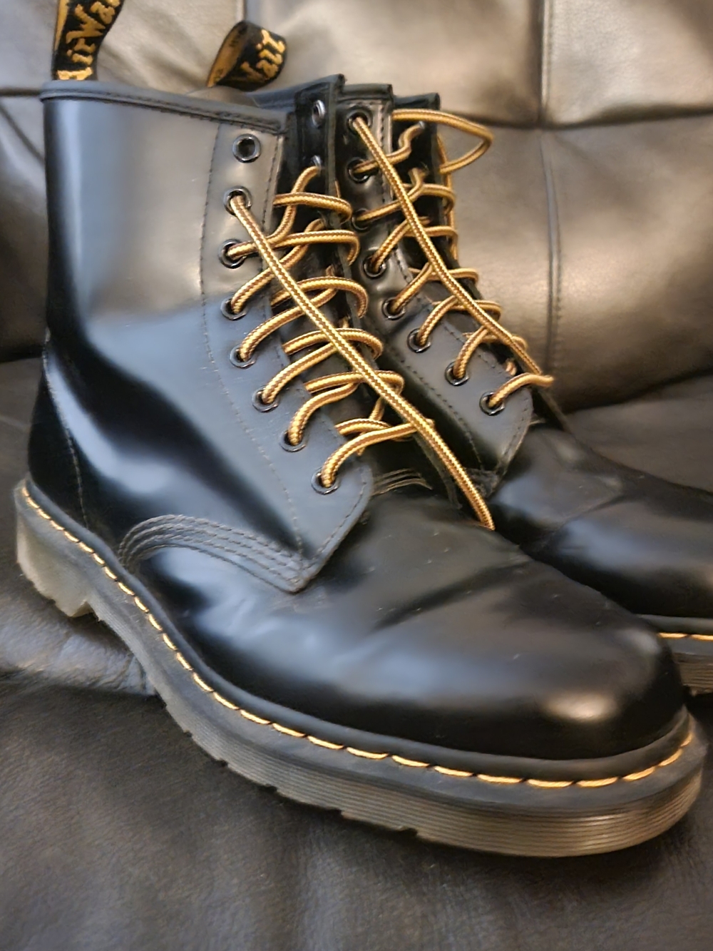 Barely Worn Dr. Martens Black and Yellow Logo Interior Size Tag